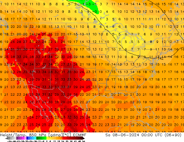 Height/Temp. 850 hPa ECMWF so. 08.06.2024 00 UTC