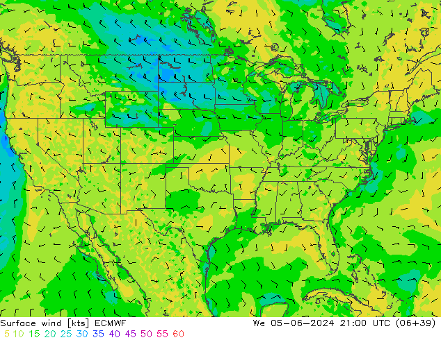 Vento 10 m ECMWF mer 05.06.2024 21 UTC