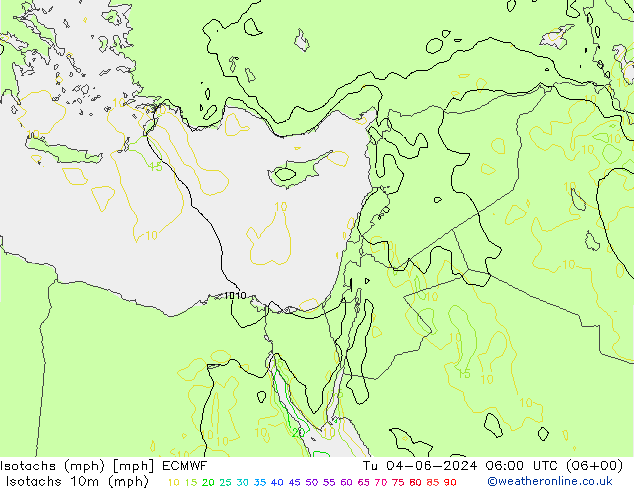 Isotachs (mph) ECMWF вт 04.06.2024 06 UTC