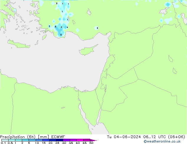 Totale neerslag (6h) ECMWF di 04.06.2024 12 UTC