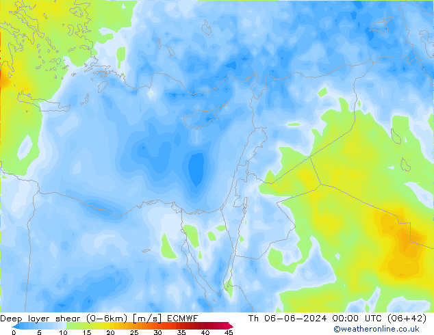 Deep layer shear (0-6km) ECMWF чт 06.06.2024 00 UTC