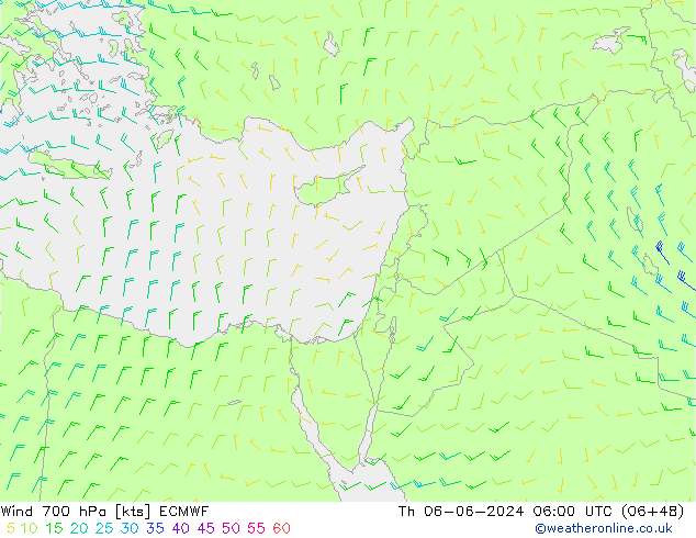 Wind 700 hPa ECMWF Čt 06.06.2024 06 UTC