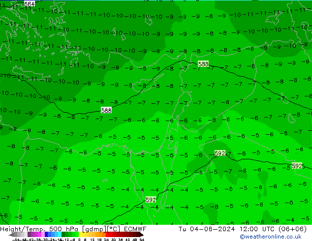 Z500/Rain (+SLP)/Z850 ECMWF Út 04.06.2024 12 UTC