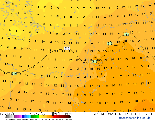 Height/Temp. 700 гПа ECMWF пт 07.06.2024 18 UTC