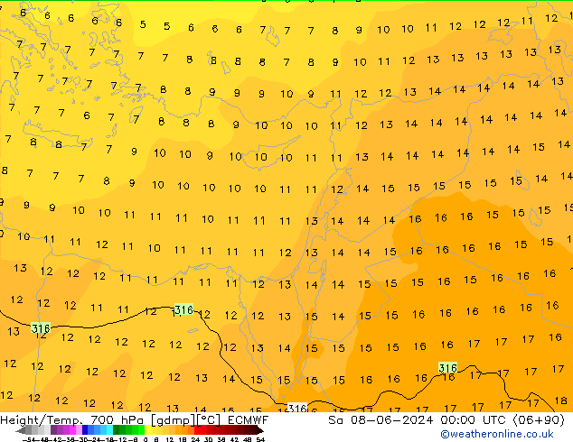 Geop./Temp. 700 hPa ECMWF sáb 08.06.2024 00 UTC