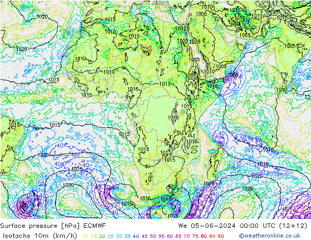 Isotachs (kph) ECMWF St 05.06.2024 00 UTC