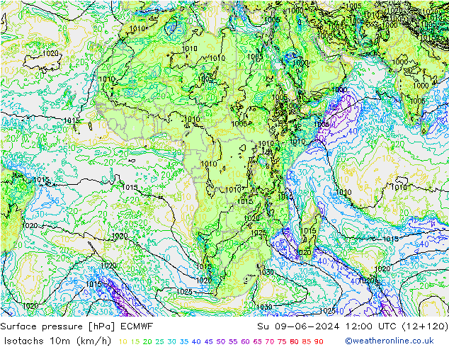 Isotachs (kph) ECMWF Su 09.06.2024 12 UTC