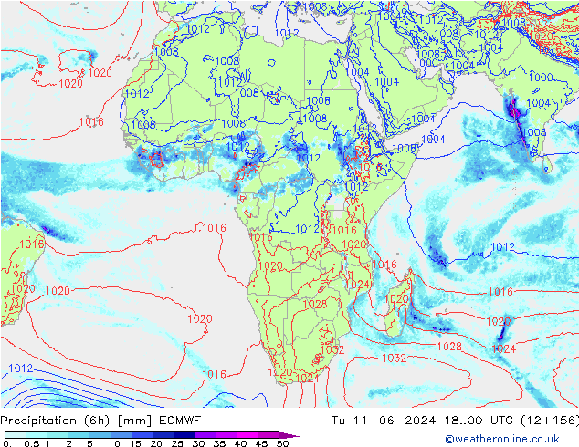 Totale neerslag (6h) ECMWF di 11.06.2024 00 UTC