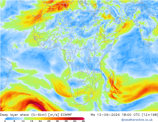 Deep layer shear (0-6km) ECMWF Mi 12.06.2024 18 UTC