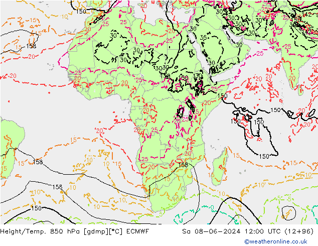 Hoogte/Temp. 850 hPa ECMWF za 08.06.2024 12 UTC