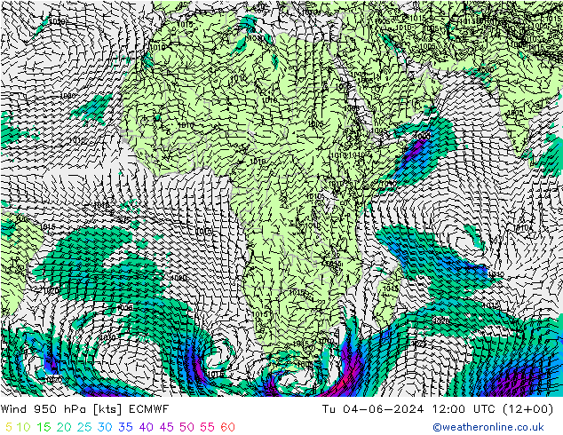 Wind 950 hPa ECMWF Tu 04.06.2024 12 UTC