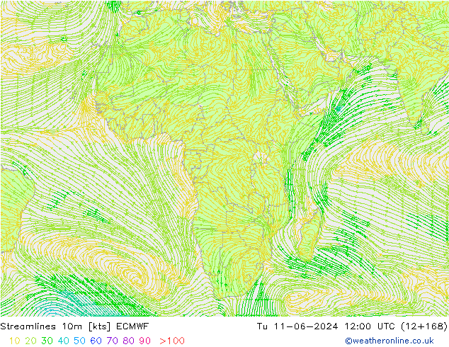 Linha de corrente 10m ECMWF Ter 11.06.2024 12 UTC