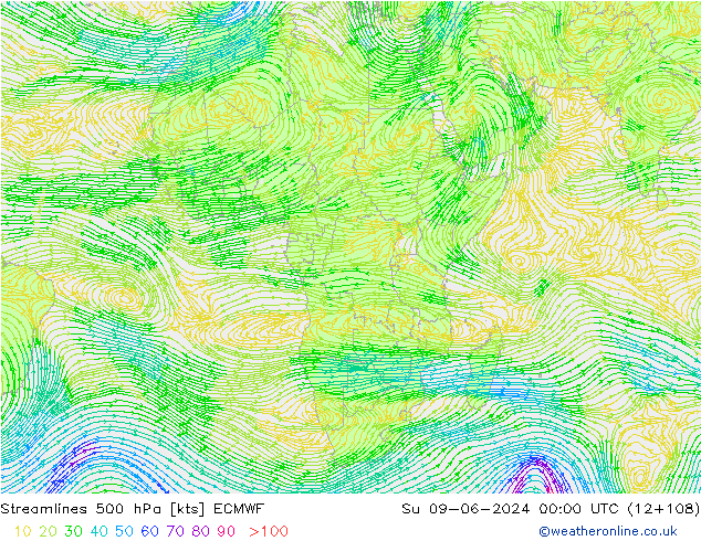 Linia prądu 500 hPa ECMWF nie. 09.06.2024 00 UTC