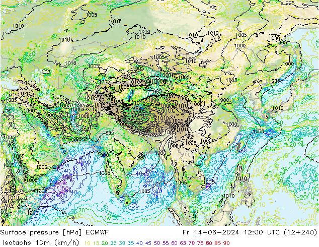 Eşrüzgar Hızları (km/sa) ECMWF Cu 14.06.2024 12 UTC