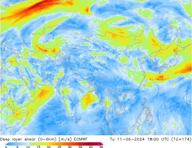 Deep layer shear (0-6km) ECMWF Sa 11.06.2024 18 UTC