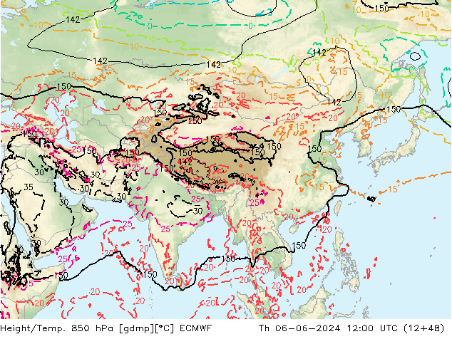 Height/Temp. 850 hPa ECMWF Th 06.06.2024 12 UTC