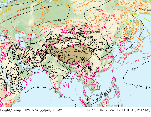 Height/Temp. 925 гПа ECMWF вт 11.06.2024 06 UTC