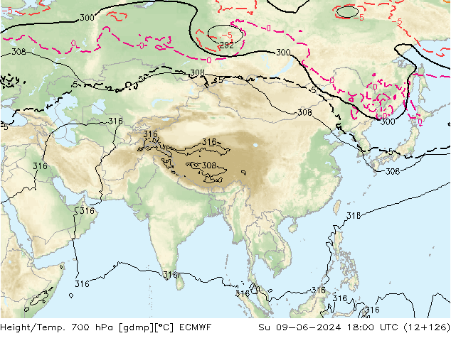 Hoogte/Temp. 700 hPa ECMWF zo 09.06.2024 18 UTC