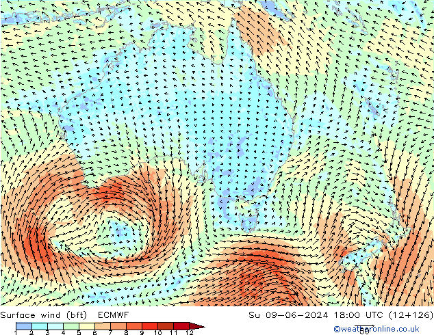 Surface wind (bft) ECMWF Su 09.06.2024 18 UTC