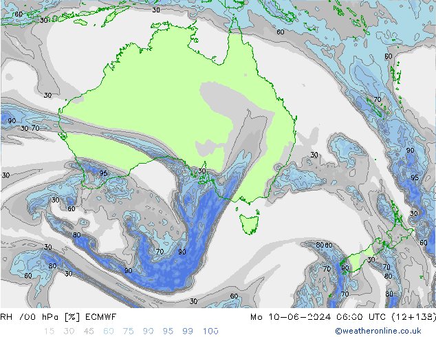 RH 700 hPa ECMWF pon. 10.06.2024 06 UTC