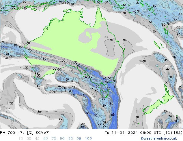 RH 700 hPa ECMWF Tu 11.06.2024 06 UTC