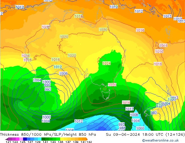 Thck 850-1000 hPa ECMWF dim 09.06.2024 18 UTC