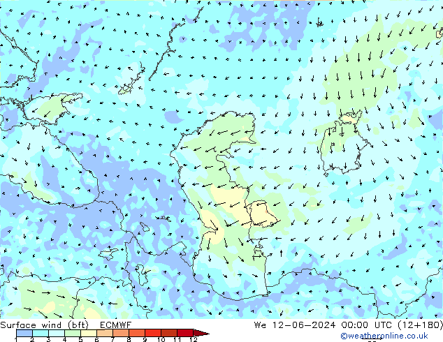 Viento 10 m (bft) ECMWF mié 12.06.2024 00 UTC