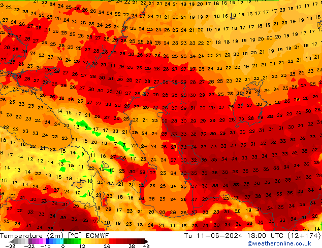 Temperatuurkaart (2m) ECMWF di 11.06.2024 18 UTC