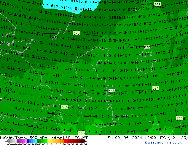 Z500/Rain (+SLP)/Z850 ECMWF Вс 09.06.2024 12 UTC