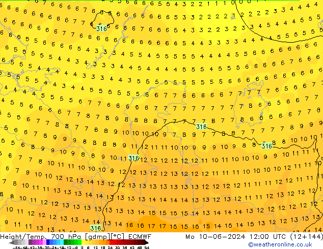 Géop./Temp. 700 hPa ECMWF lun 10.06.2024 12 UTC