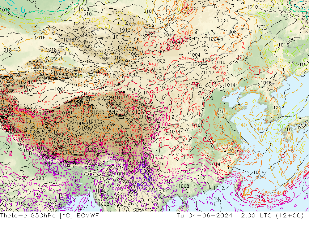 Theta-e 850hPa ECMWF 星期二 04.06.2024 12 UTC