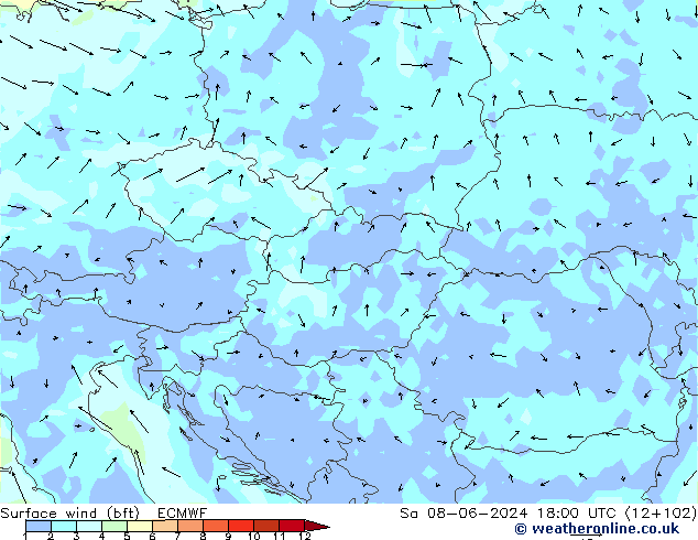 wiatr 10 m (bft) ECMWF so. 08.06.2024 18 UTC