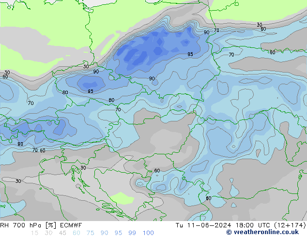 RH 700 hPa ECMWF Tu 11.06.2024 18 UTC