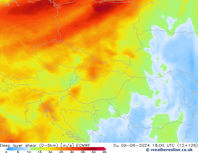 Deep layer shear (0-6km) ECMWF dom 09.06.2024 18 UTC