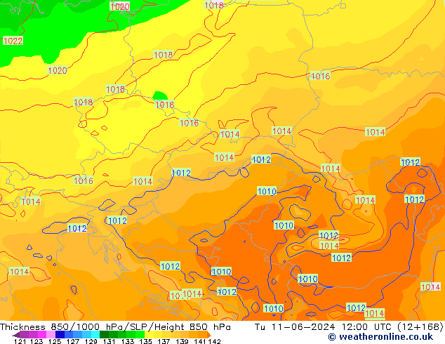 Thck 850-1000 hPa ECMWF Tu 11.06.2024 12 UTC