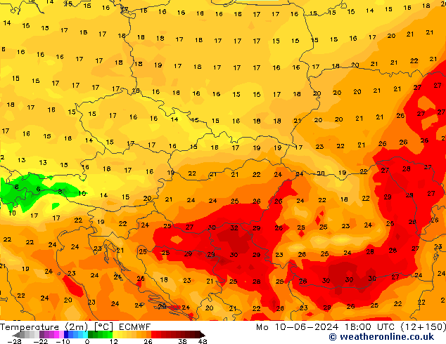 Sıcaklık Haritası (2m) ECMWF Pzt 10.06.2024 18 UTC