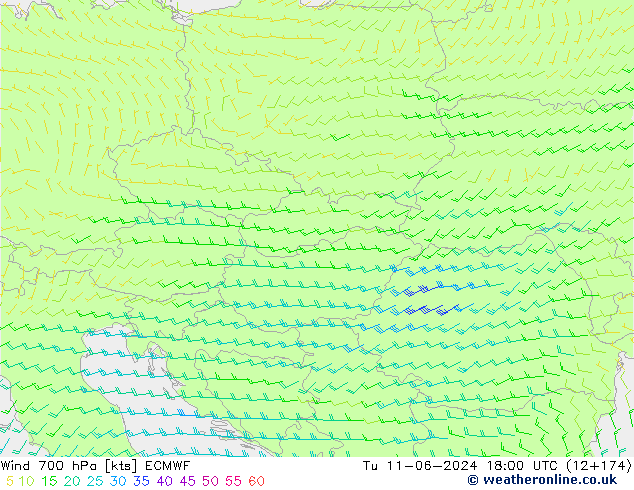 wiatr 700 hPa ECMWF wto. 11.06.2024 18 UTC