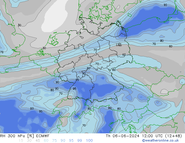 RH 300 hPa ECMWF Čt 06.06.2024 12 UTC