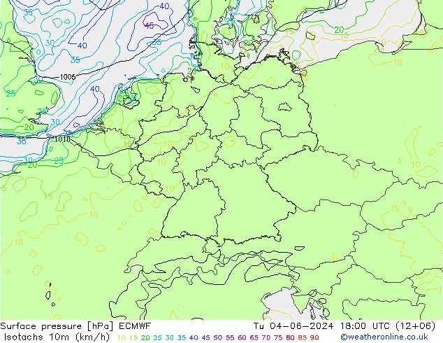 Izotacha (km/godz) ECMWF wto. 04.06.2024 18 UTC