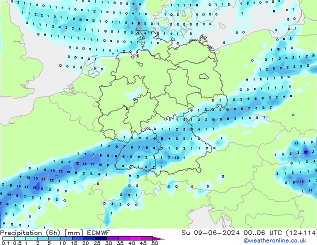 Prec 6h/Wind 10m/950 ECMWF Su 09.06.2024 06 UTC