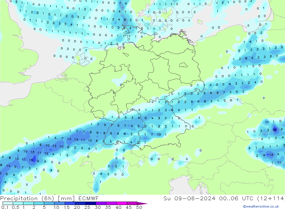 Prec 6h/Wind 10m/950 ECMWF Su 09.06.2024 06 UTC