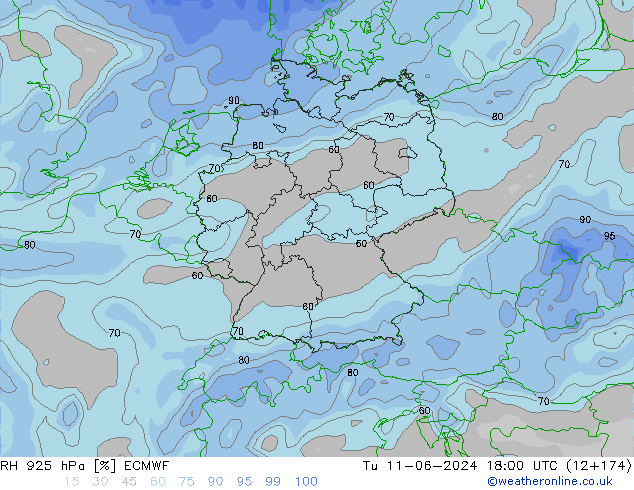 Humedad rel. 925hPa ECMWF mar 11.06.2024 18 UTC