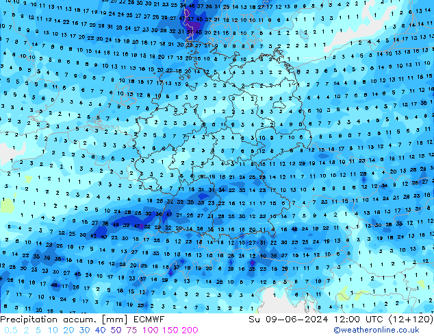 Precipitation accum. ECMWF Вс 09.06.2024 12 UTC