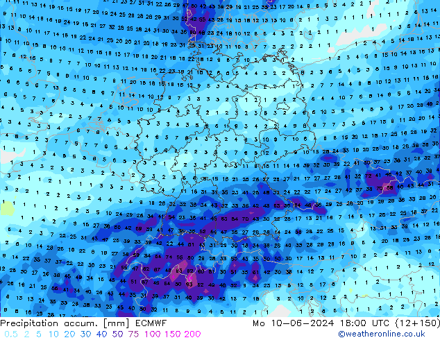 Precipitation accum. ECMWF lun 10.06.2024 18 UTC