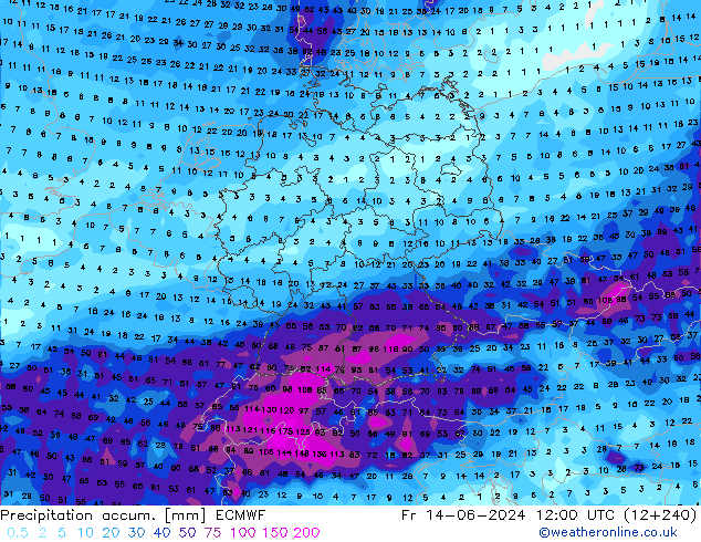 Precipitation accum. ECMWF pt. 14.06.2024 12 UTC