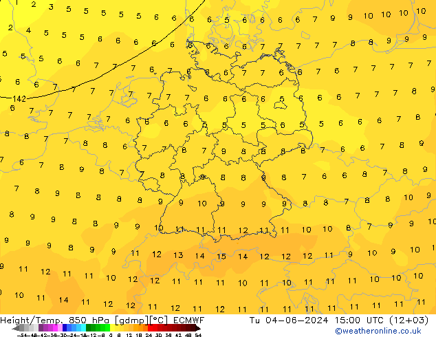 Height/Temp. 850 hPa ECMWF Tu 04.06.2024 15 UTC