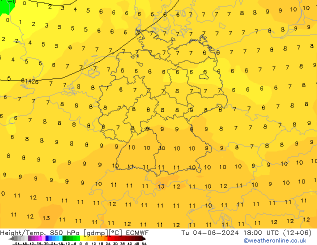 Geop./Temp. 850 hPa ECMWF mar 04.06.2024 18 UTC