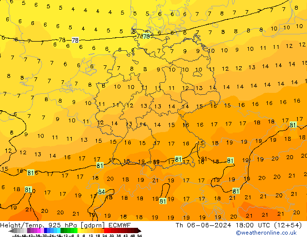 Height/Temp. 925 hPa ECMWF Th 06.06.2024 18 UTC