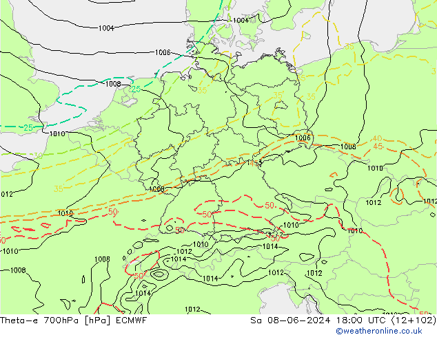 Theta-e 700hPa ECMWF Sáb 08.06.2024 18 UTC