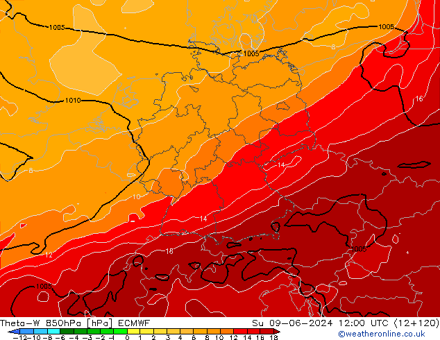 Theta-W 850гПа ECMWF Вс 09.06.2024 12 UTC